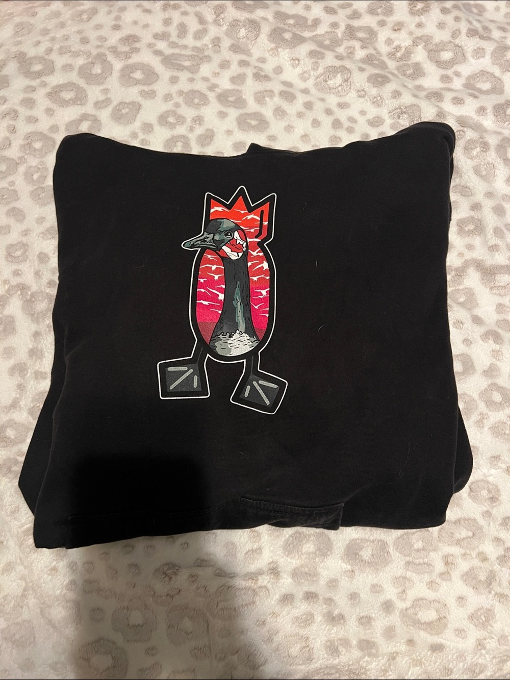 Black Graphic Pullover with Red Penguin Design